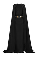 Black chiffon gown with gold belt by CEM, featuring flowing fabric and elegant design, suitable for formal occasions.