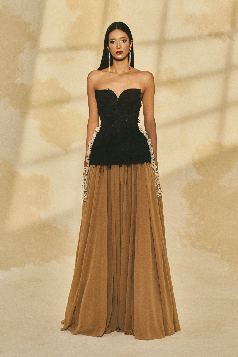 OFF-SHOULDER FRINGE JACQUARD AND CHIFFON FLARED MAXI DRESS