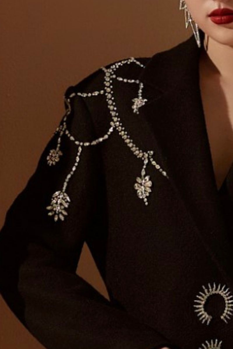 DEARIE BLACK STRAIGHT CRYSTAL BLAZER - CULT MIA