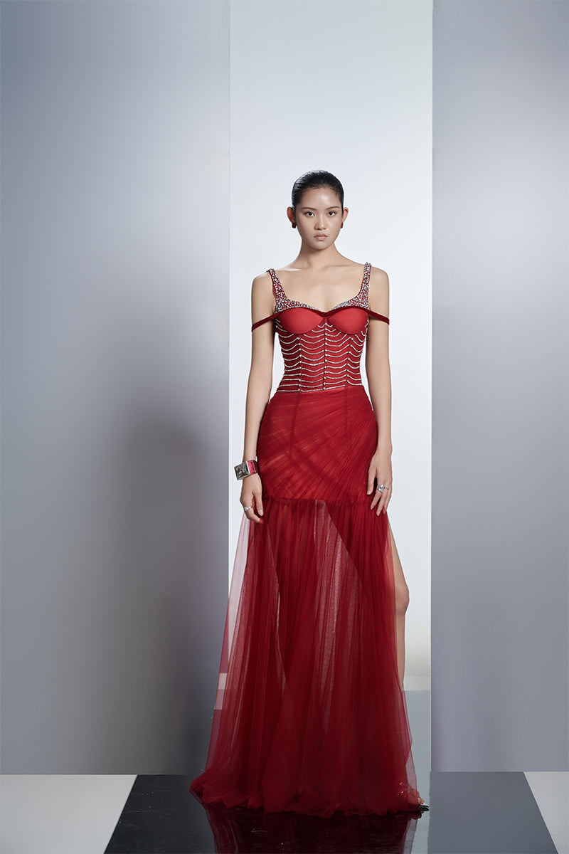 CRIMSON EMBELLISHED CORSET MESH MAXI DRESS IN RED - CULT MIA
