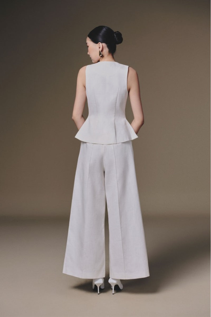 White wide-leg pants by Keira Tong featuring a relaxed fit and full-length design, displayed on a neutral background.