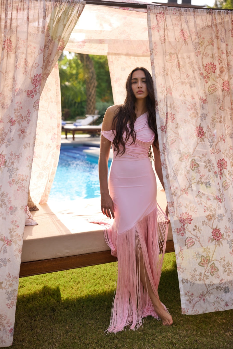 Deme By Gabriella Praia Maxi Dress featuring flowing fabric, floral pattern, and sleeveless design, perfect for summer wear.