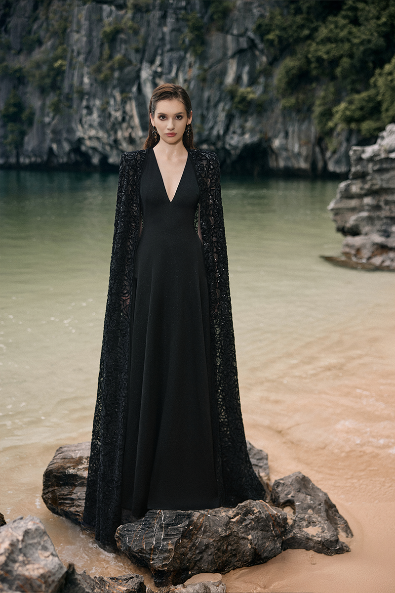 black cape sleeve dress Ashini | Black One-Sleeve Maxi Dress With Cape