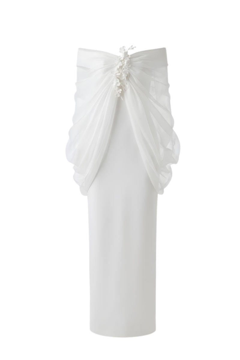 White Plan ELYSIA draped midi dress with flowing fabric and elegant design, shown on a model.