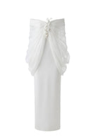 White Plan ELYSIA draped gown featuring elegant fabric and flowing design, perfect for formal occasions.