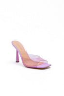 Kolane Margot Mule heels in rose pink transparent with clear straps and a sleek heel design.