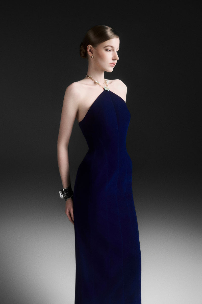 Maison Des Copains Lumirel sheath midi dress in royal blue, fitted sleeveless dress with elegant silhouette and knee-length hem.