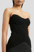 Deme By Gabriella SOLEN black gown with elegant draping and long sleeves, stylish evening wear for formal occasions.