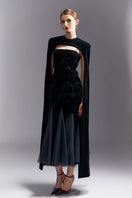 HAPPY CLOTHING CULT MIA X PRESTON CAPE TWEED PETAL GOWN featuring a stylish tweed design and elegant petal details.