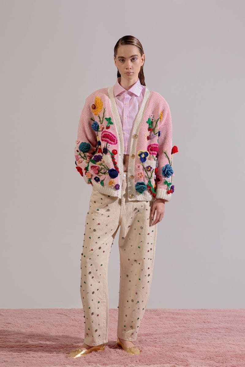 Lalo Floris pink embroidered oversized cardigan with floral embroidery, cozy knit, and relaxed fit.