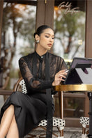 Aretha black silk mixed lace co-ord set featuring a fitted shirt and matching pencil skirt by 21Six.