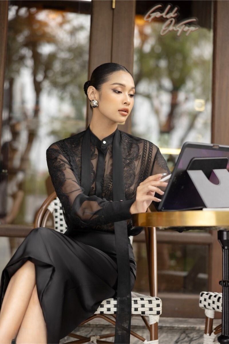Aretha black silk mixed lace co-ord set featuring a fitted shirt and matching pencil skirt by 21Six.