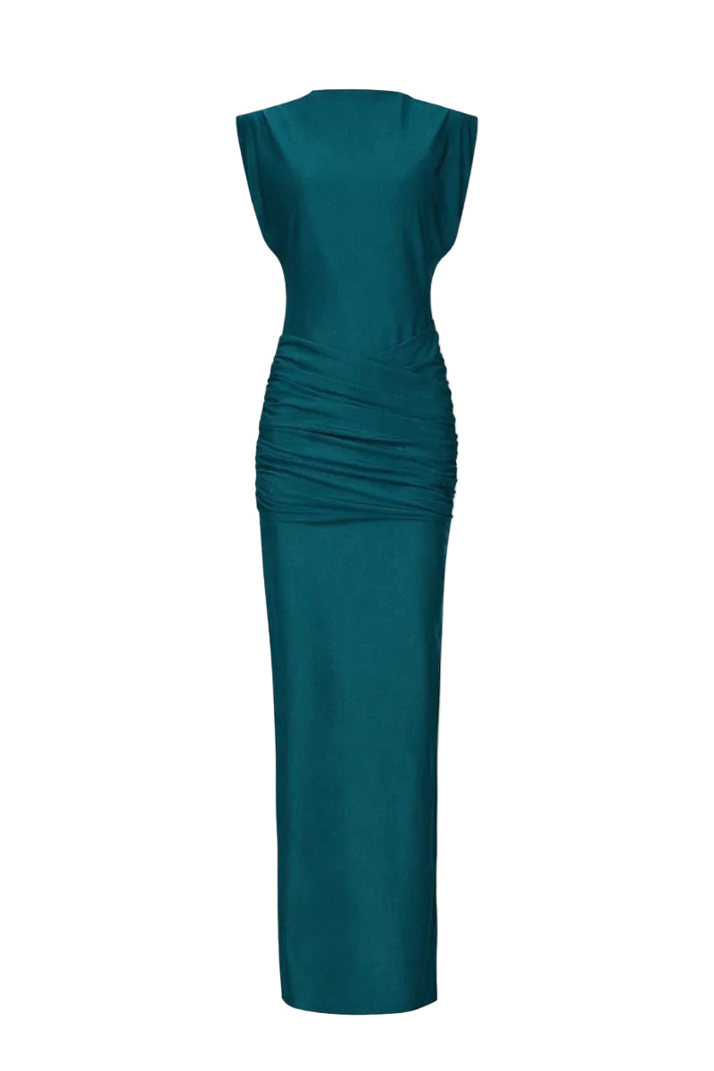 Elegant LEDIEL Mocca Largo gown in emerald green with flowing fabric and sophisticated design, perfect for formal occasions.