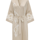 Bocan Couture Miss Dalia short rayon robe with beige lace trim, lightweight and flowy, shown hanging on a hook.