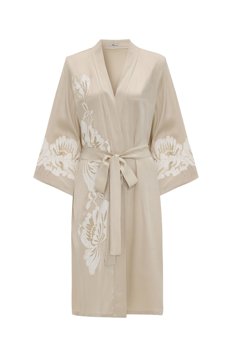 Bocan Couture Miss Dalia short rayon robe with beige lace trim, lightweight and flowy, shown hanging on a hook.