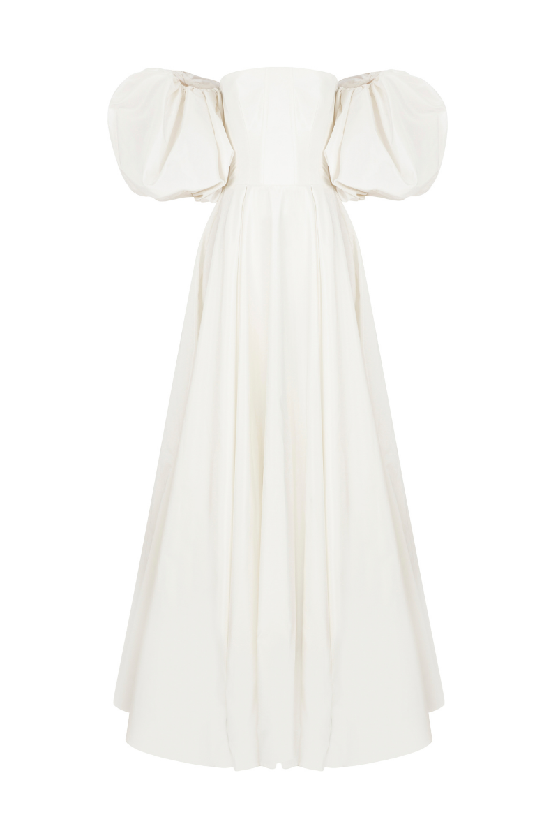 STRAPLESS MAXI CORSET DRESS WITH REMOVABLE PUFFY SLEEVES - CULT MIA