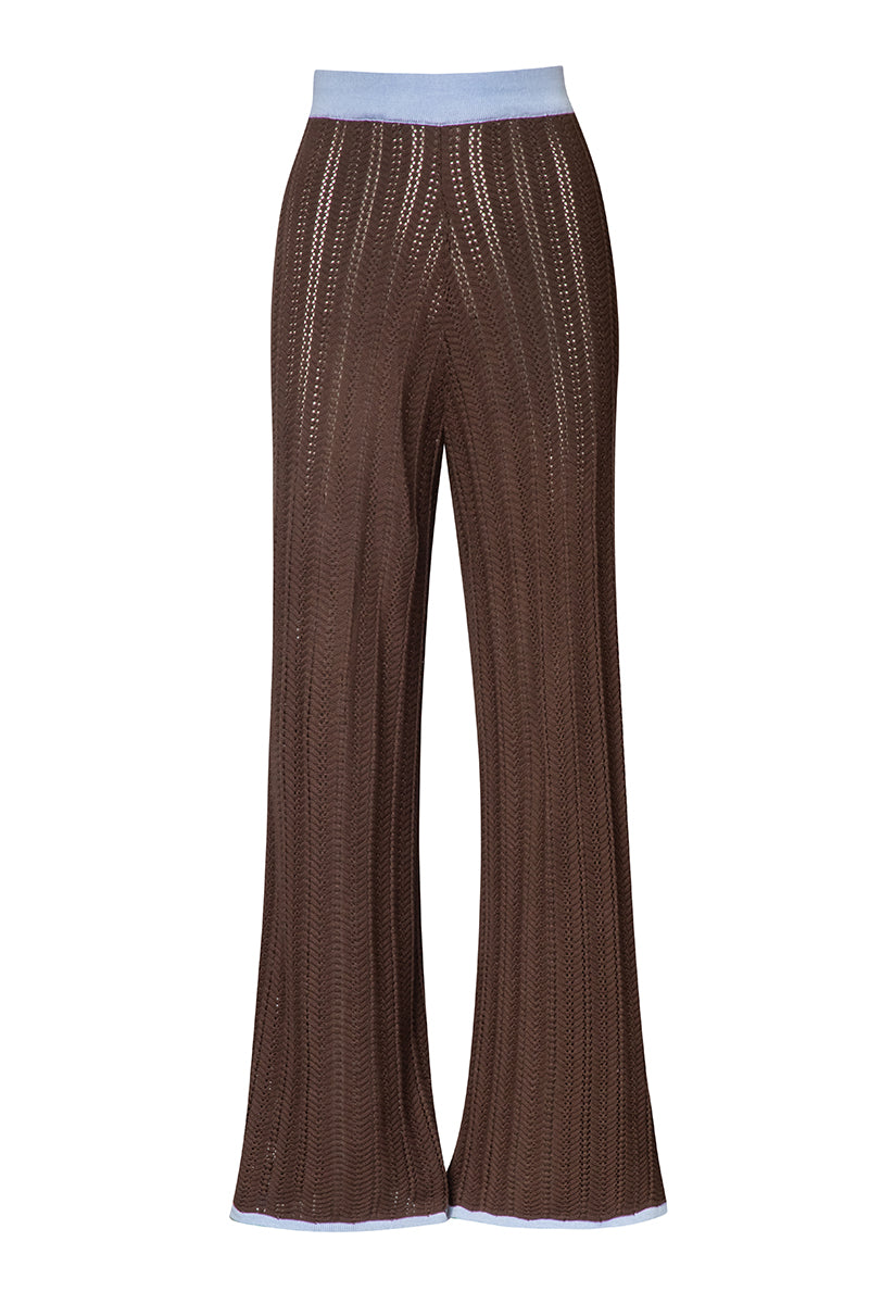 Baobab Clarissa pants in Moca Blu fabric, featuring a stylish fit and detailed stitching, displayed on a neutral background.