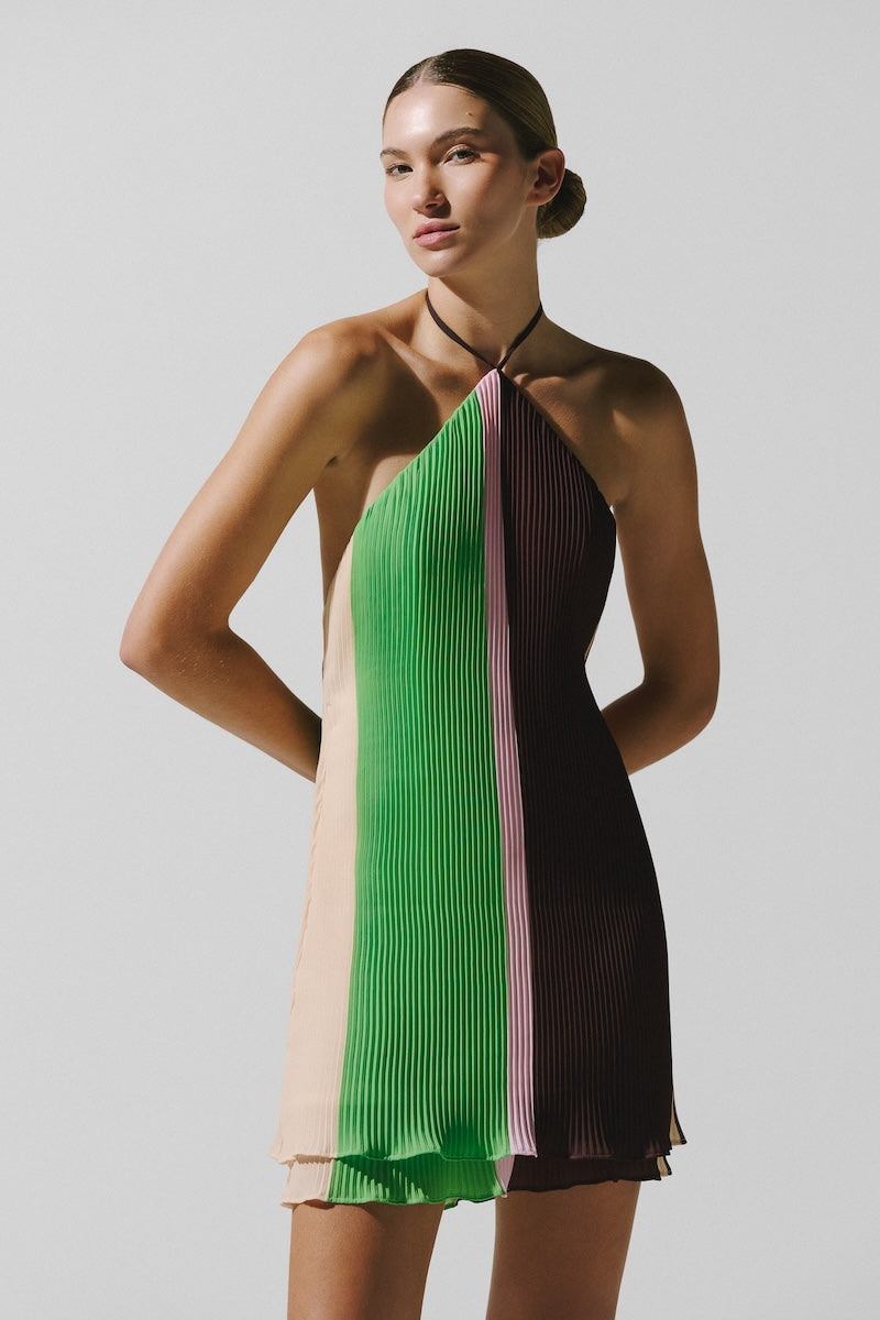 Baobab Coco Mini Dress in Caffe Verde, stylish sleeveless mini dress with a fitted silhouette, perfect for casual or summer wear.
