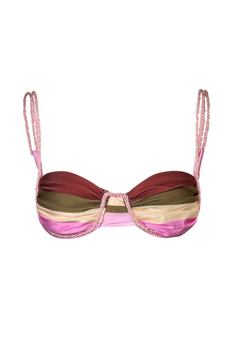 Baobab Lula bikini top in Oliva Rosé with adjustable straps and floral design, perfect for summer beachwear.
