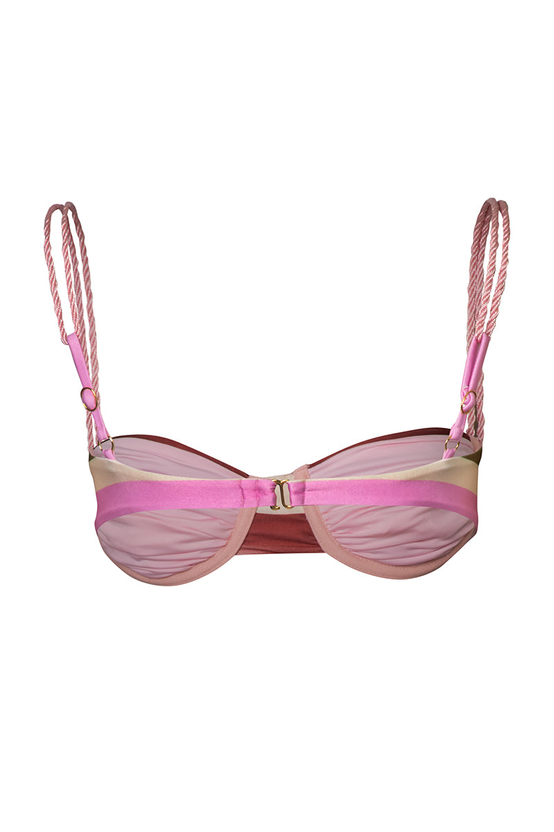 Baobab Lula bikini top in Oliva Rosé with floral pattern, adjustable straps, and supportive design for stylish beachwear.