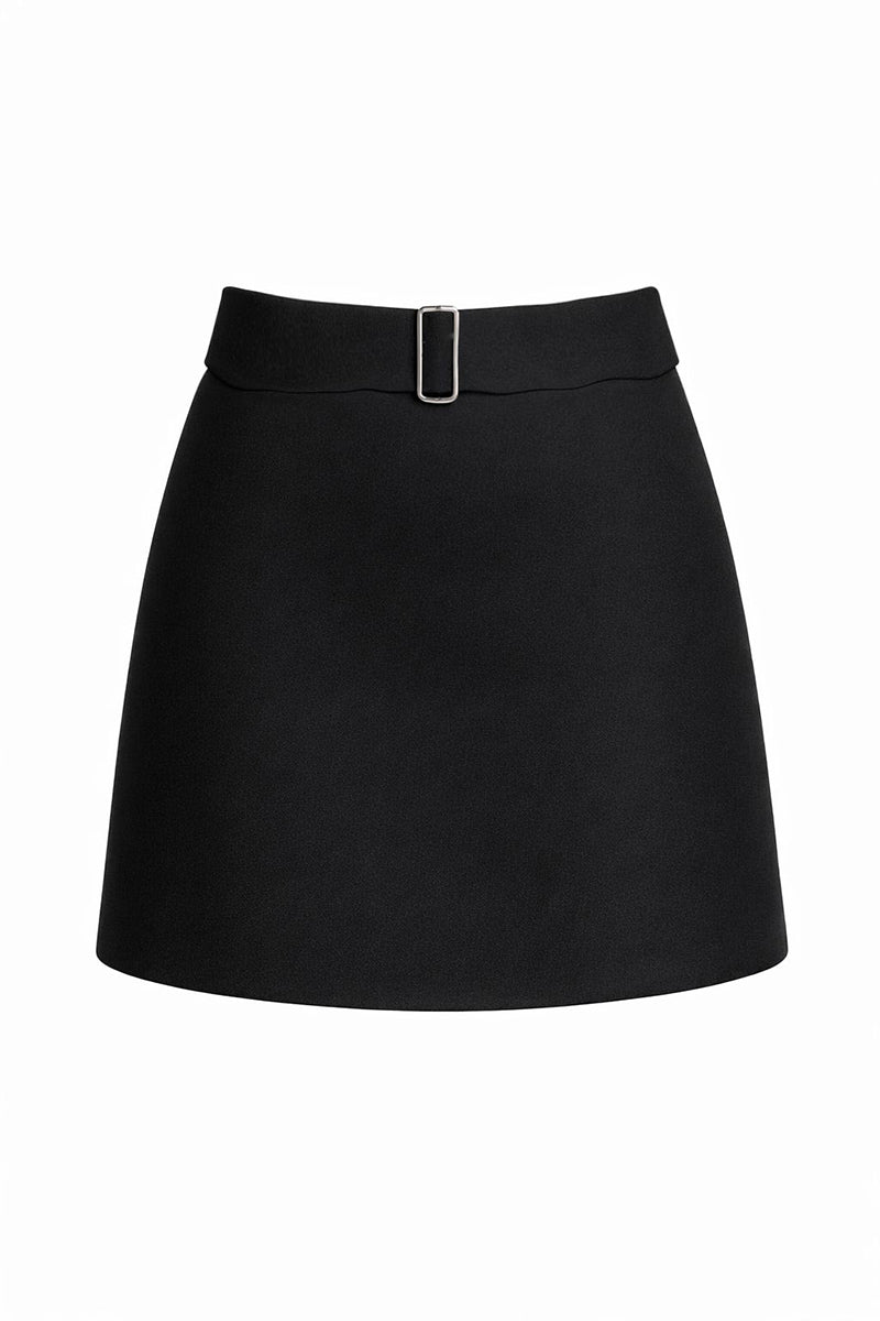 Aquarel Studio black Iris mini skirt, shown in a close-up image highlighting the fitted waist and smooth fabric.