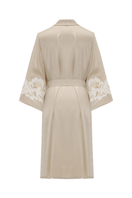 Bocan Couture Miss Dalia short rayon robe with beige lace trim, lightweight and silky, perfect for comfortable, stylish wear.
