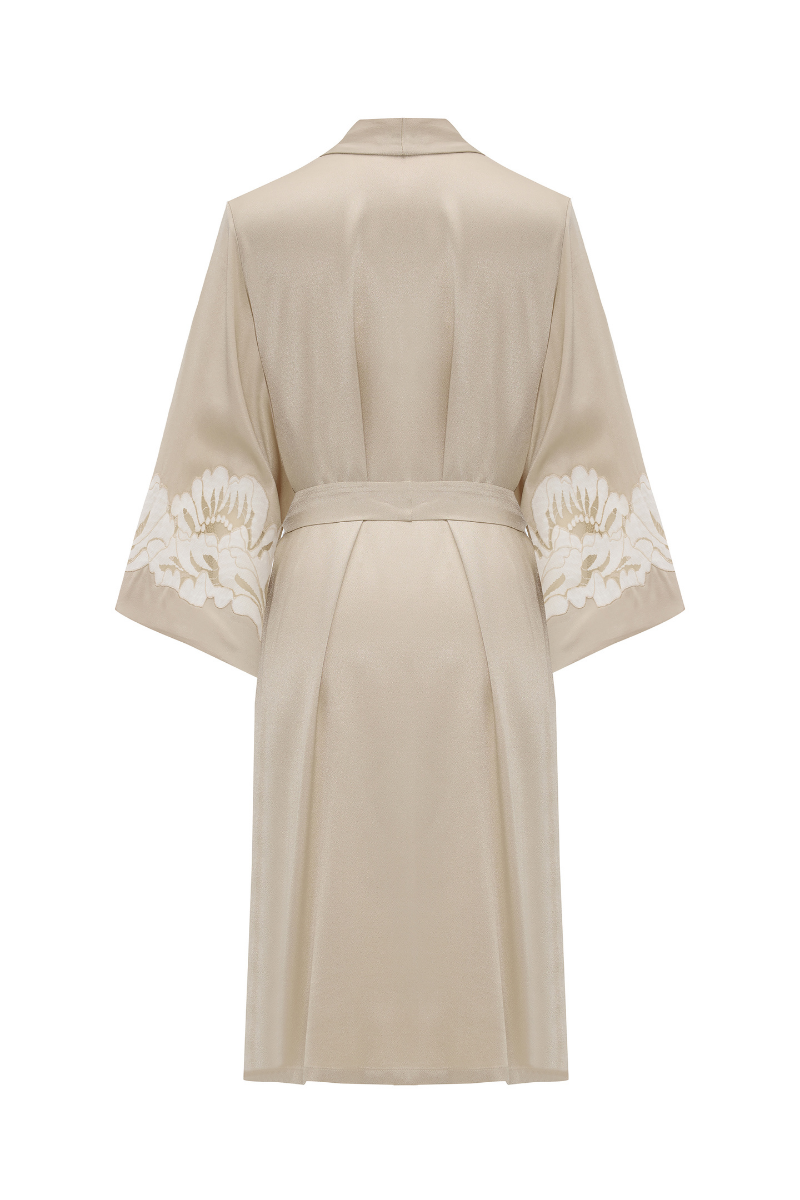 Bocan Couture Miss Dalia short rayon robe with beige lace trim, lightweight and silky, perfect for comfortable, stylish wear.