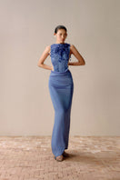LECIA Vienna Copper Liquid Pleat Maxi Dress in Lumin Blue, flowing fabric with pleated design and elegant silhouette.