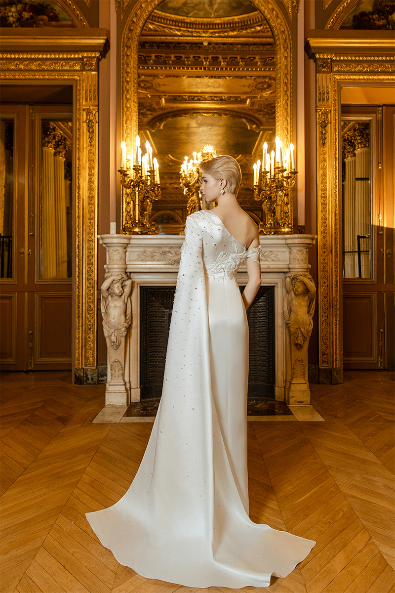 WHITE ASYMMETRIC SLEEVE SIDE SLIT GOWN - CULT MIA