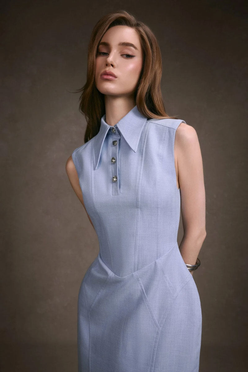 Pastel blue sleeveless maxi dress by KEIRA TONG, flowing fabric, fitted waist, and casual summer style.