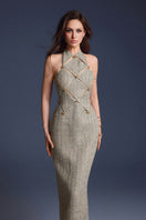 Gold checkerboard cut-out midi dress by Keira Tong featuring a stylish pattern and cut-out details, perfect for elegant occasions.
