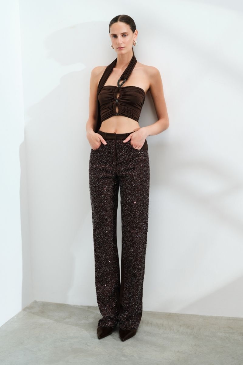BEADED SEQUIN TROUSERS IN BROWN