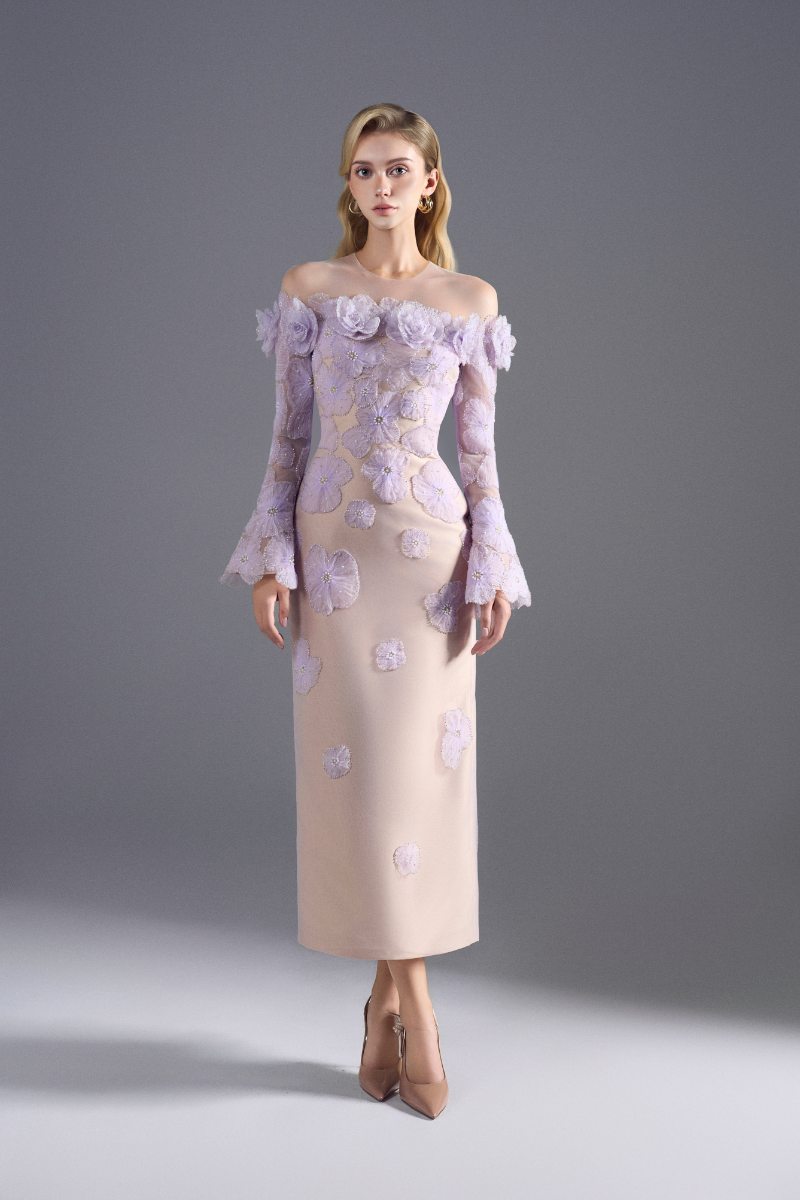 TULLE AND TAFFETA MIDI DRESS IN LIGHT PURPLE