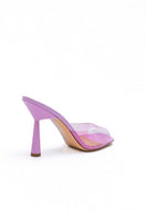 Kolane Margot mule heels in rose pink transparent with a sleek, open-toe design and clear strap, stylish for summer wear.