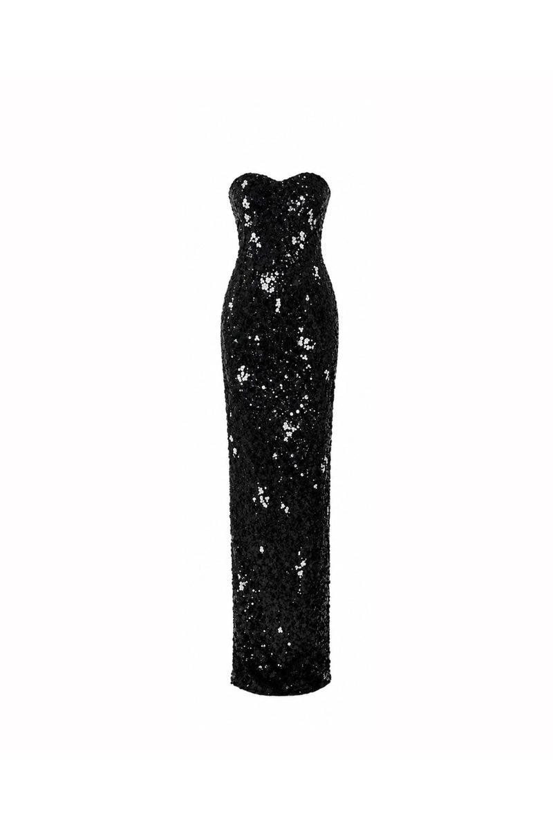 Black Luna Sequin Gown by HACCHIC COUTURE, a luxurious maxi dress with shimmering sequins and elegant design.