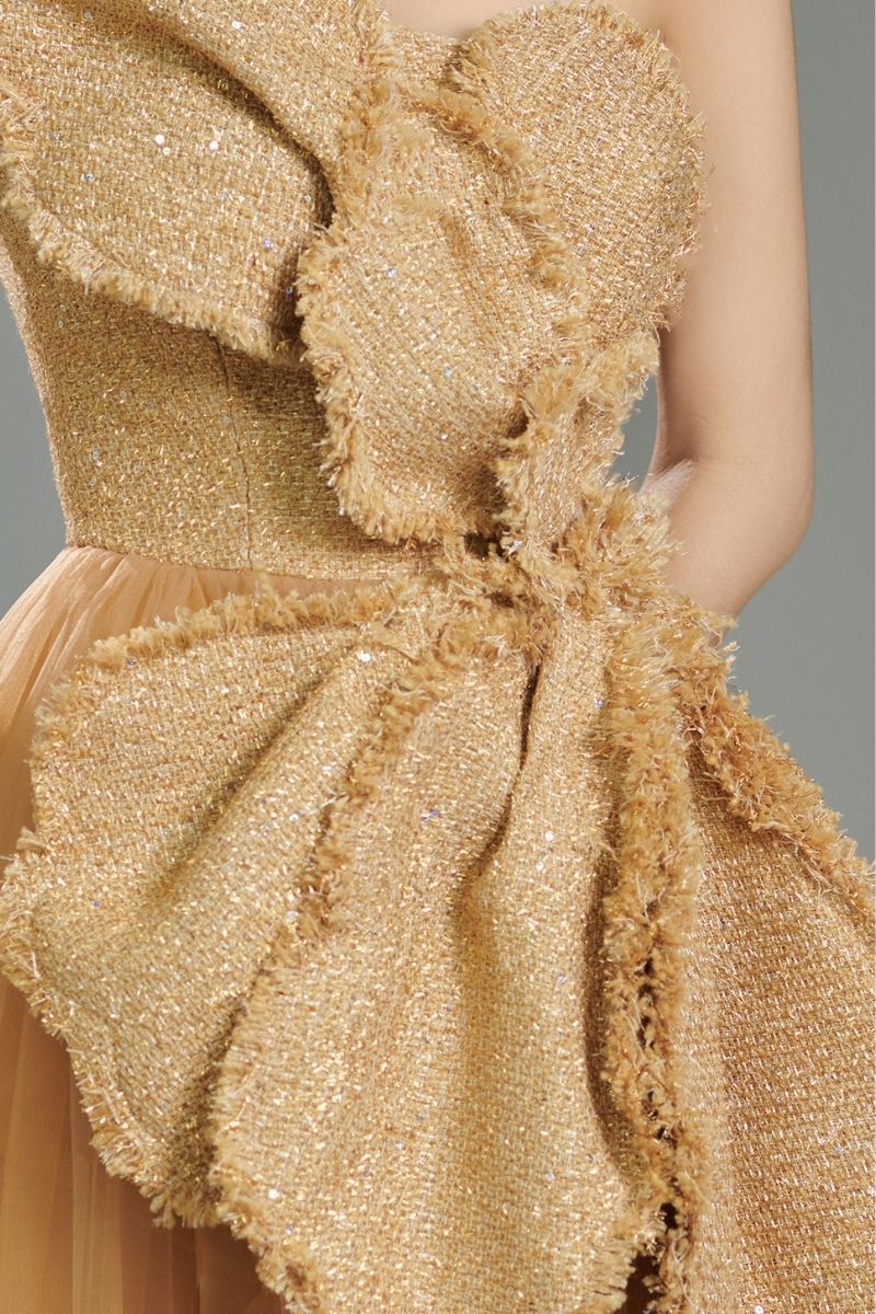 gemma tweed maxi dress HAPPY CLOTHING BEIGE FLORAL TWEED AND ORGANZA MAXI DRESS IN BEIGE