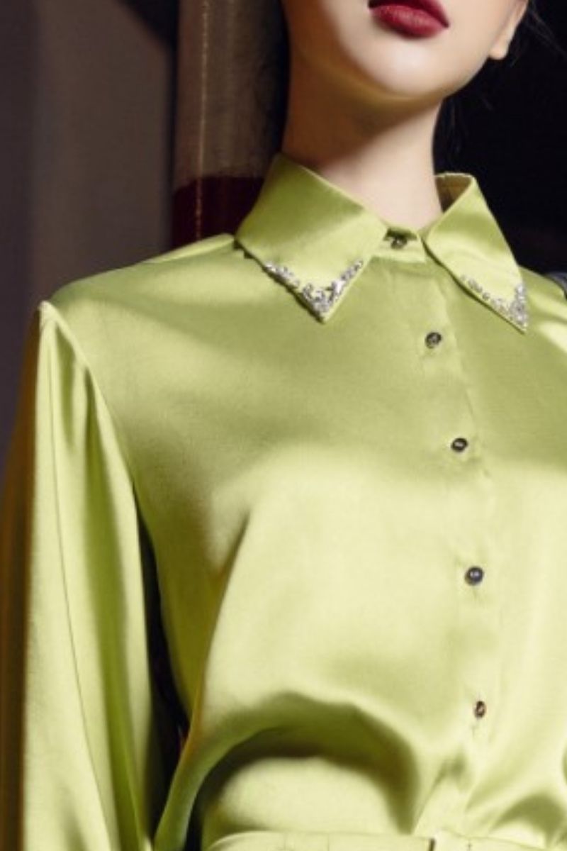 FARAH LIME GREEN SILK SATIN CRYSTAL SHIRT AND PANTS SET - CULT MIA