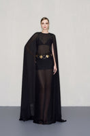 Black chiffon gown with a gold belt from CEM, featuring a flowing design and elegant style, perfect for formal occasions.