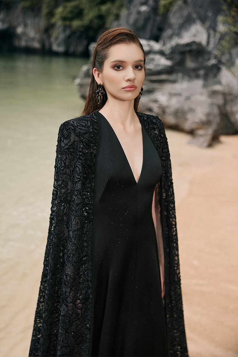 STYLIZED NECKLINE WAVY FLOWING CAPE SLEEVES DRESS - CULT MIA
