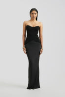 Deme By Gabriella SOLEN black gown with flowy fabric and elegant design, full-length dress suitable for formal occasions.