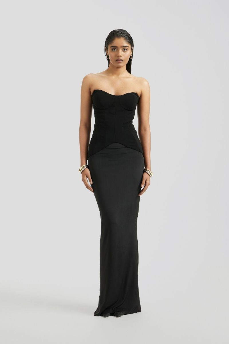 Deme By Gabriella SOLEN black gown with flowy fabric and elegant design, full-length dress suitable for formal occasions.