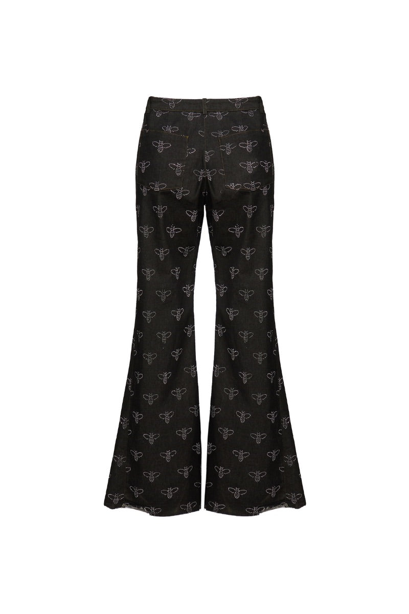 Onalaja Bee Crystal denim jeans showing classic blue fabric with crystal embellishments and a slim fit design.