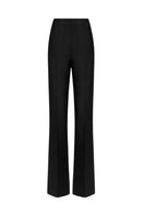 LEKIEU Martine black straight ribbed pants displayed on a model, showcasing a sleek, fitted design and ribbed fabric texture.
