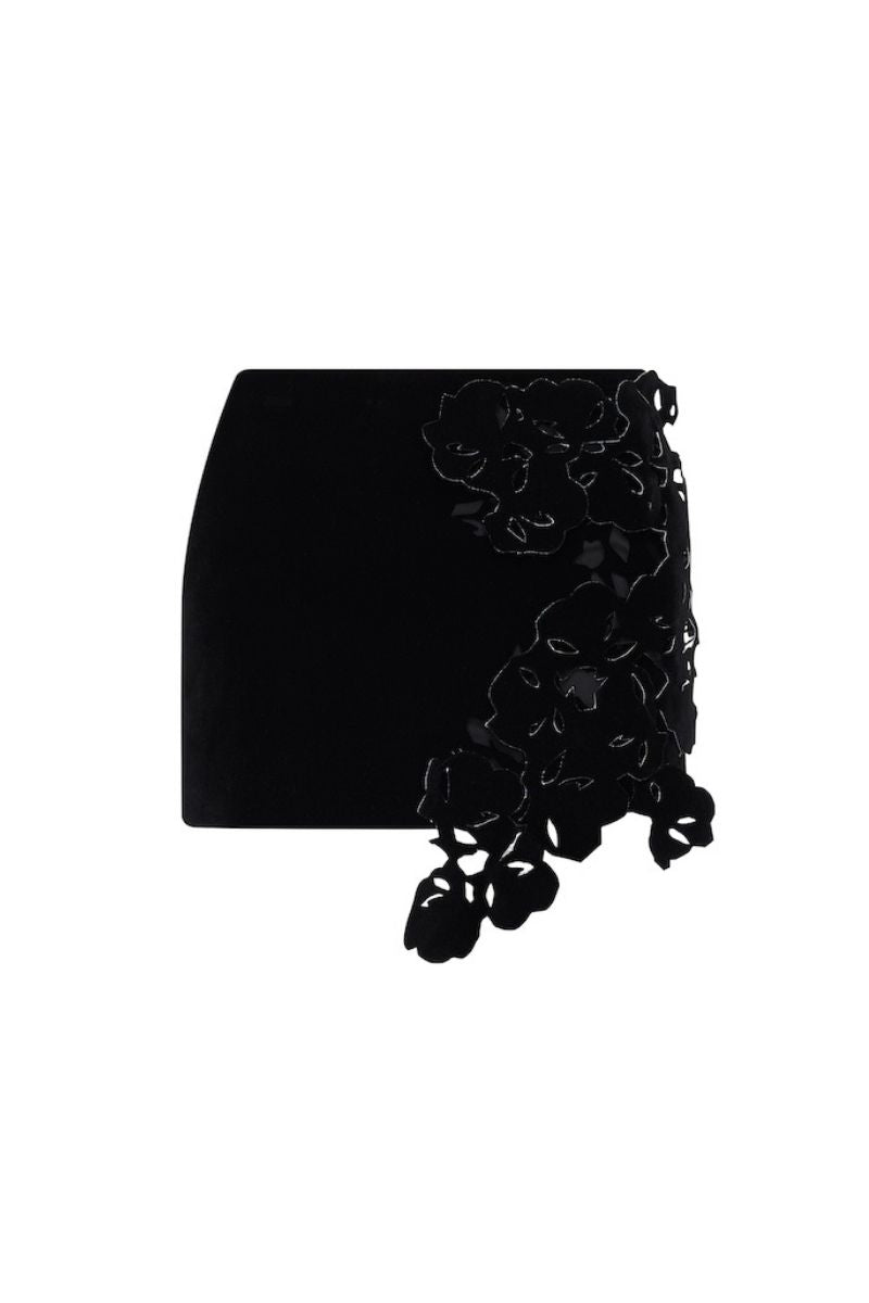 Black floral mini skirt by Lecia featuring a fitted waist and vibrant flower print, perfect for casual or dressy outfits.