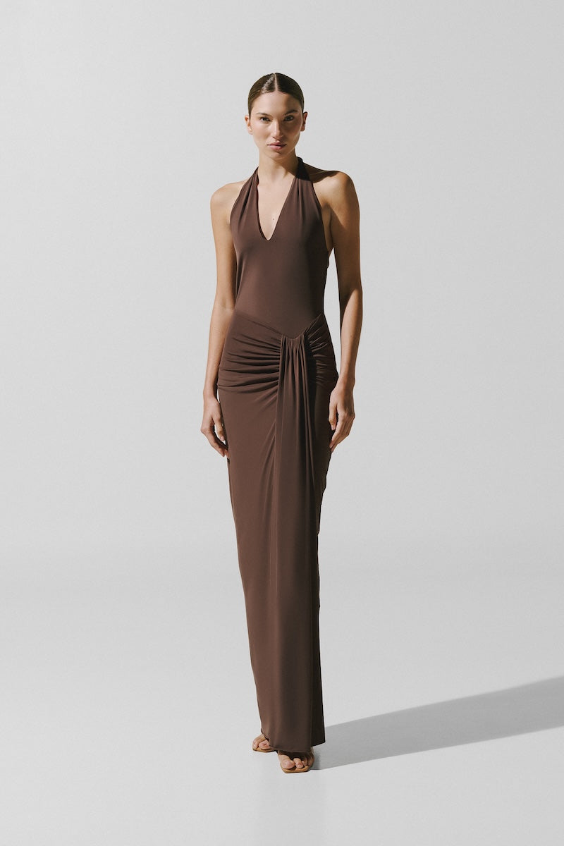 Baobab Donatella Maxi Dress in Moca, flowing fabric with elegant design, perfect for summer or special occasions.