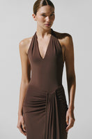 Baobab Donatella Maxi Dress in Moca color, elegant flowy maxi dress with a stylish design and lightweight fabric.