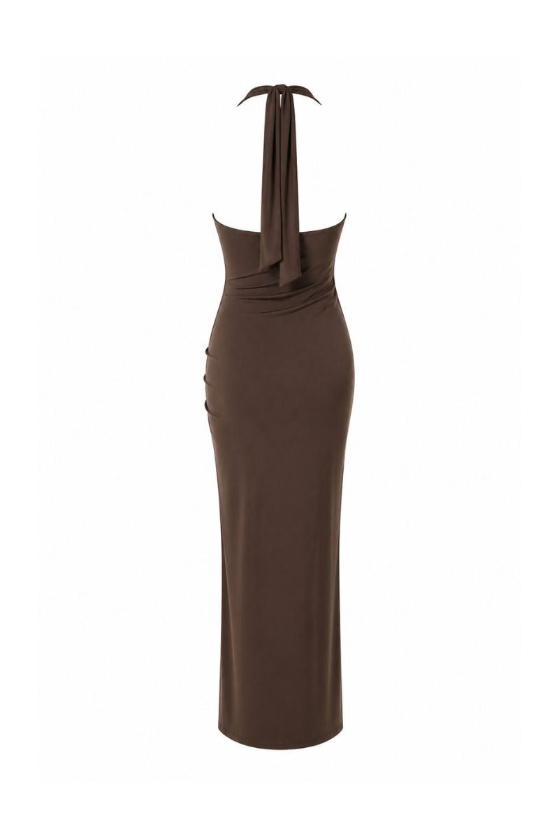 Baobab Donatella maxi dress in Moca, featuring flowing fabric and elegant design, perfect for summer or formal occasions.