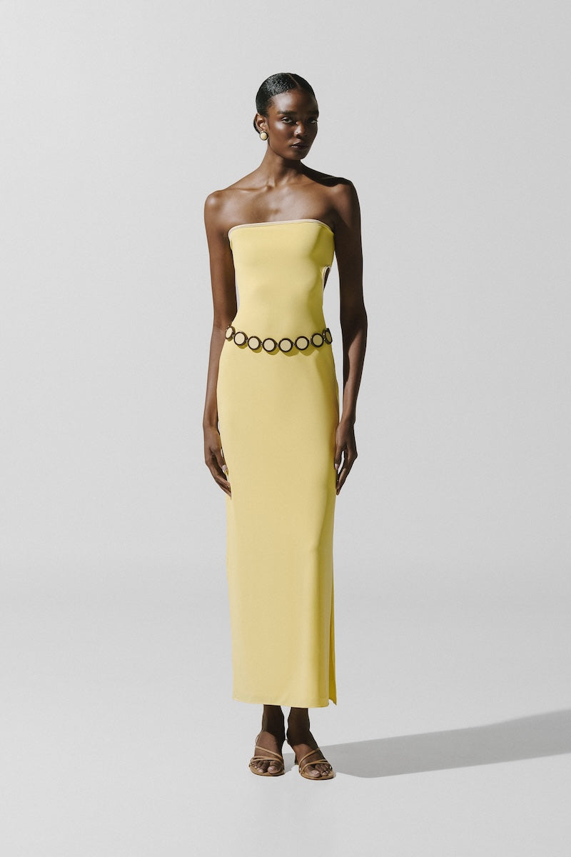 Baobab Mambo Maxi Dress in light yellow fabric, flowing design with a relaxed fit, ideal for casual or summer wear.