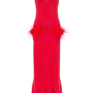 Andreeva cherry knit midi dress displayed on a hanger with a close-up of the textured fabric and stylish design.