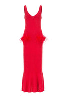 Andreeva cherry knit midi dress displayed on a hanger with a close-up of the textured fabric and stylish design.